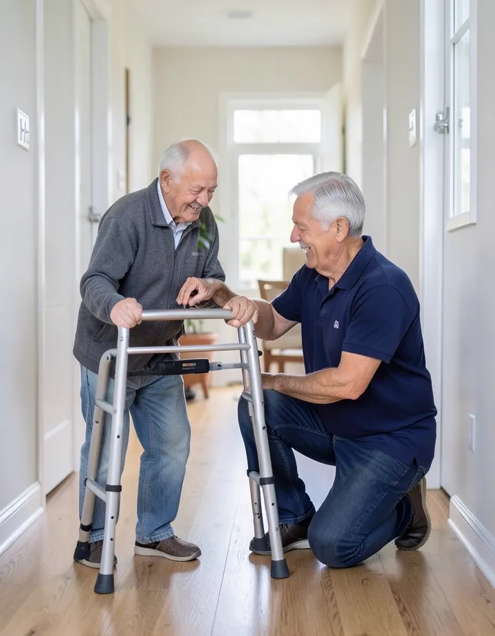 An equipment specialist kneels to adjust the height of a walker for a smiling older man in his hallway