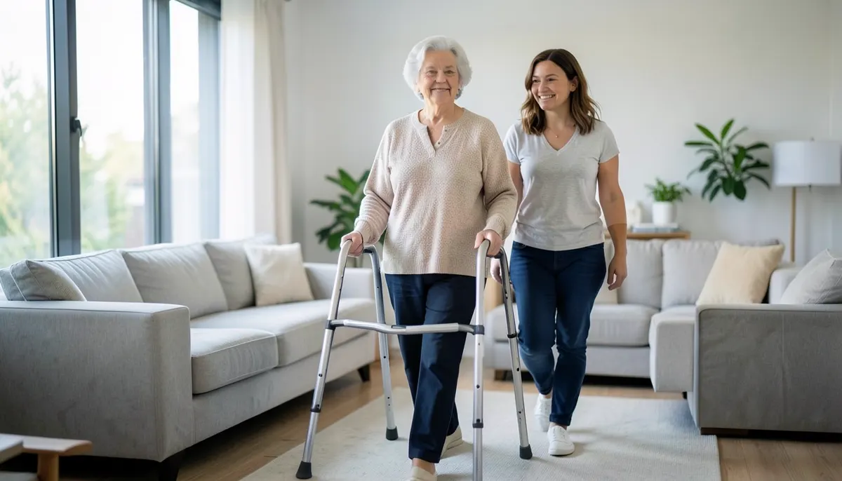 An older woman walks with a folding walker in her living room while her daughter walks beside her