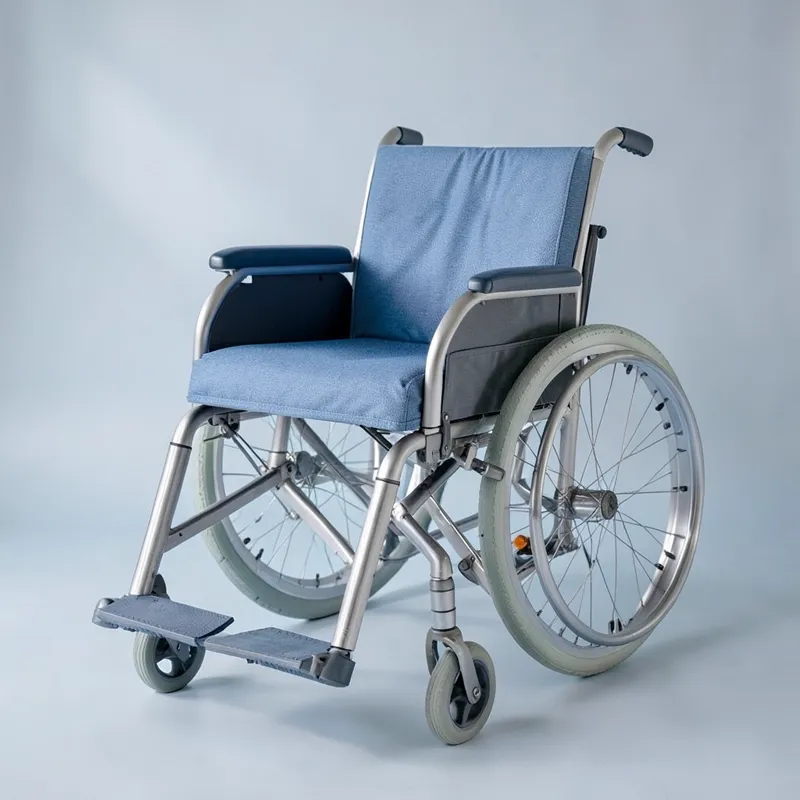 Lightweight manual wheelchair with a blue seat and silver frame