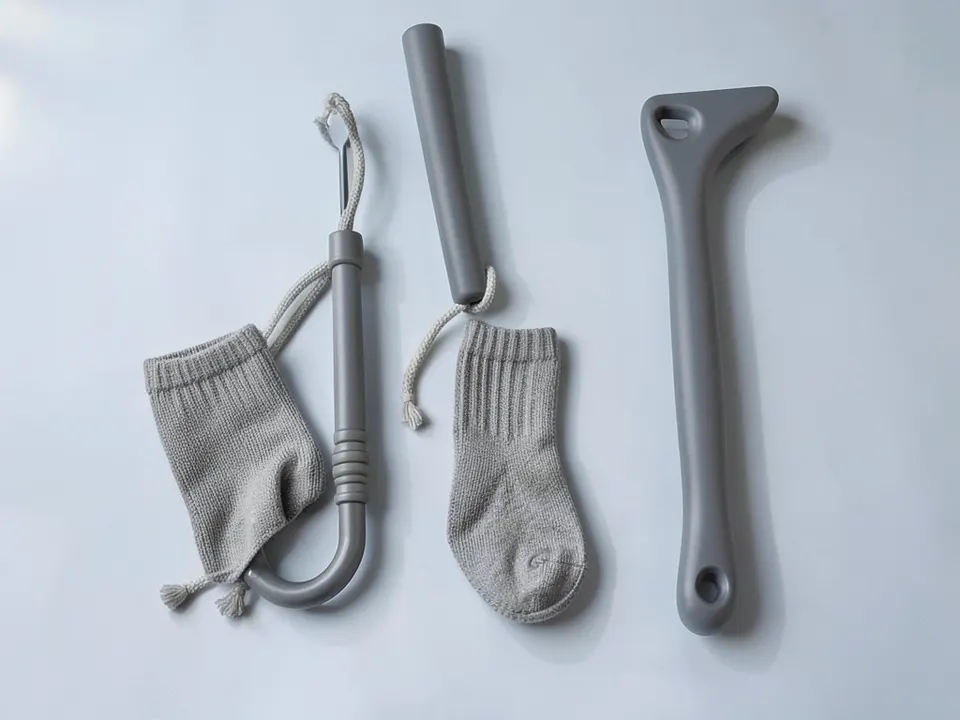 A reacher grabber, a sock aid and a long-handled shoe horn