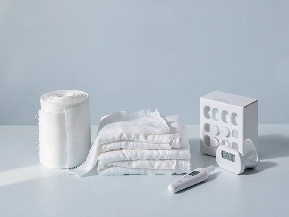 Gauze rolls, folded dressings, a thermometer and a pill organizer