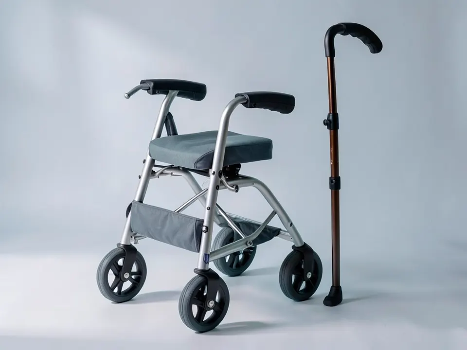 Aluminum rollator walker with a seat beside a folding walking cane