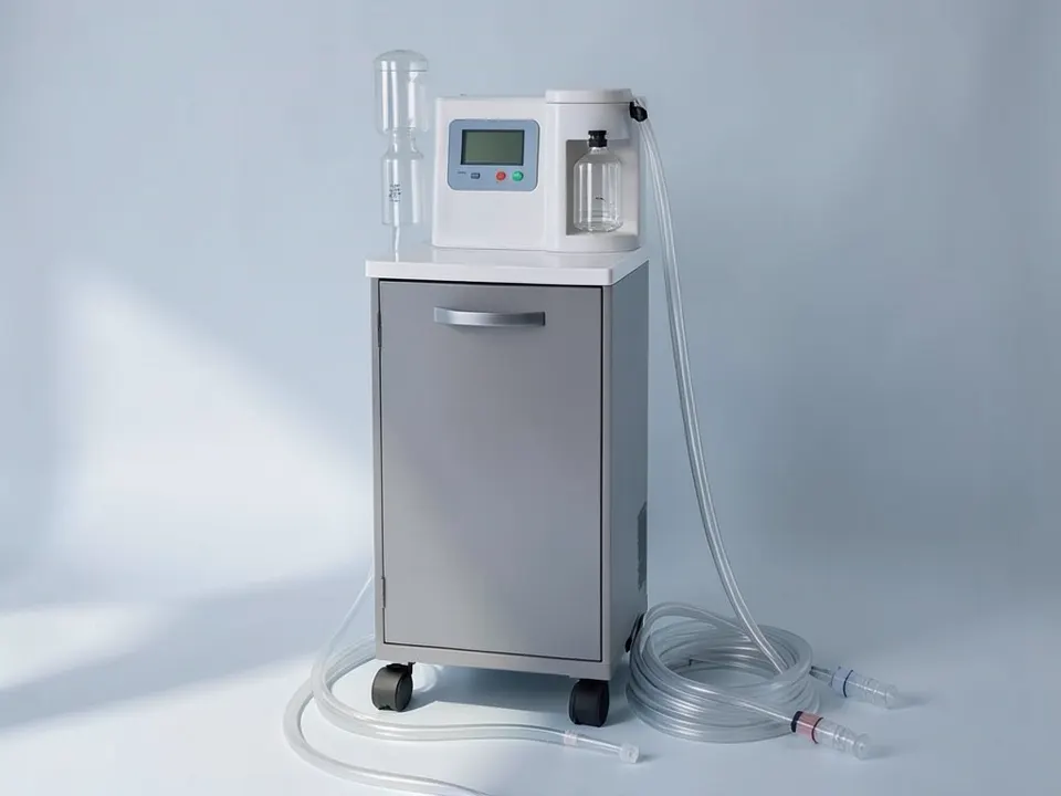 Home oxygen concentrator on wheels with clear tubing